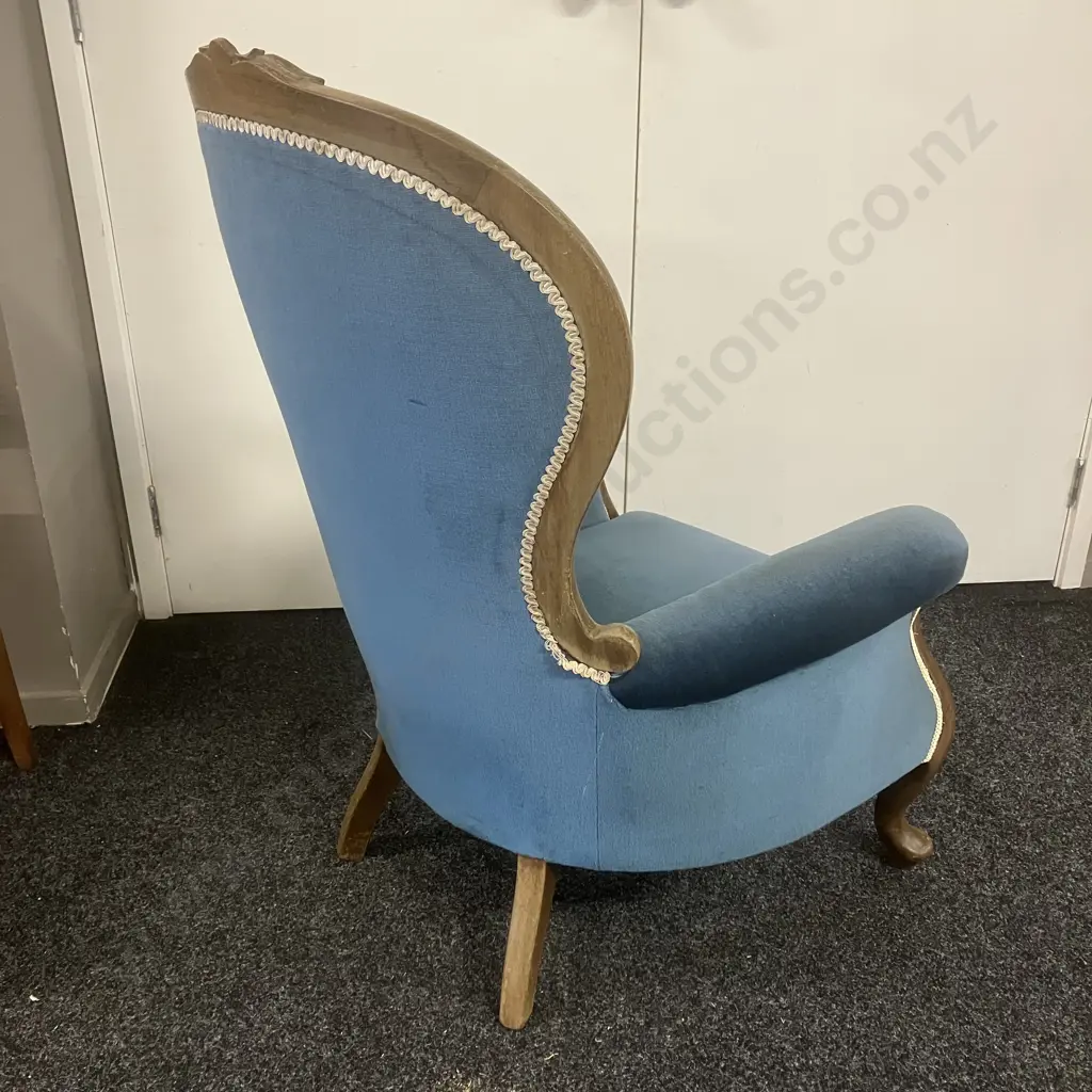 Carved Mahogany Button Back Fireside Gentlemans Chair, Blue Upholstery Image 1++