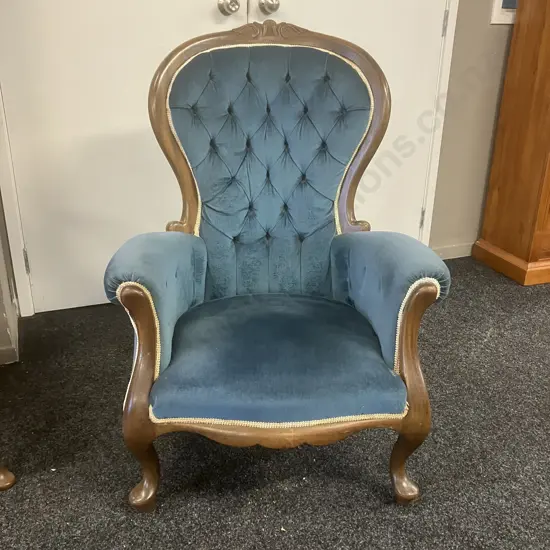 Carved Mahogany Button Back Fireside Gentlemans Chair, Blue Upholstery