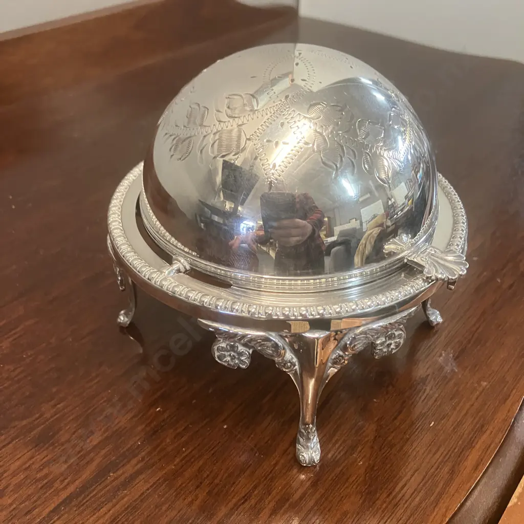 Vintage English Silver Plate Roll-top Dome Caviar Server, Butter Dish - Walker & Hall Image 1++