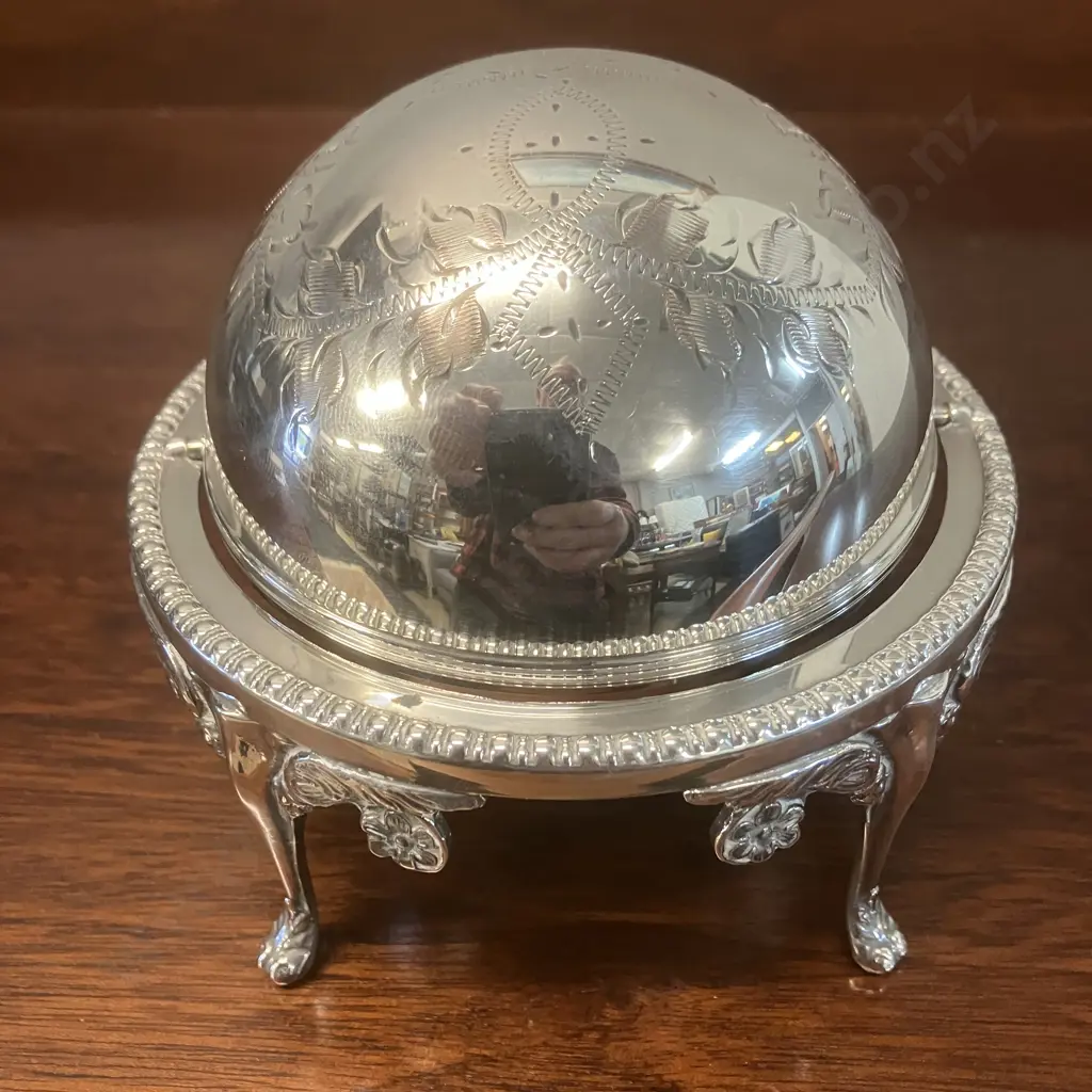 Vintage English Silver Plate Roll-top Dome Caviar Server, Butter Dish - Walker & Hall Image 1++