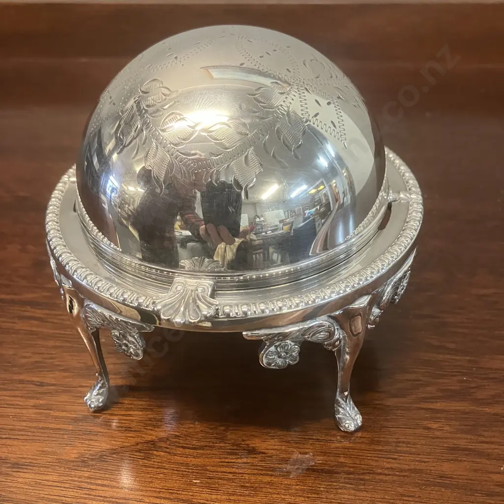 Vintage English Silver Plate Roll-top Dome Caviar Server, Butter Dish - Walker & Hall Image 1++