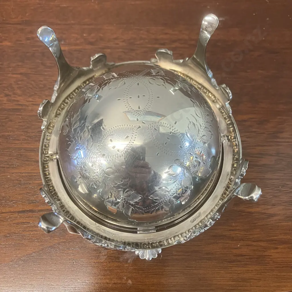 Vintage English Silver Plate Roll-top Dome Caviar Server, Butter Dish - Walker & Hall Image 1++