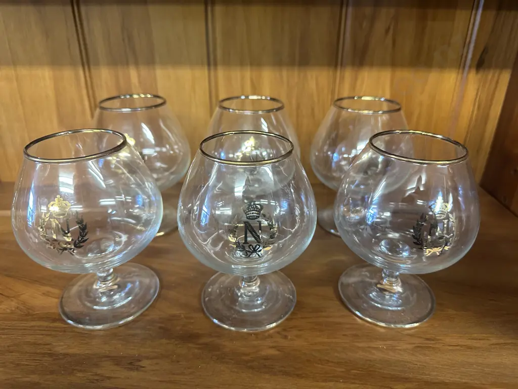 Set Of Six Vintage Monogrammed Napolean Brandy Glasses With Gilt Rim Image 1++