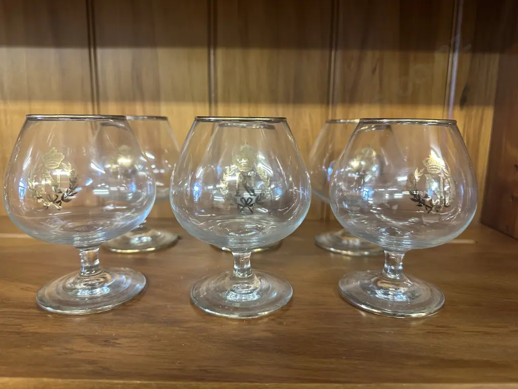 Set Of Six Vintage Monogrammed Napolean Brandy Glasses With Gilt Rim Image 1++