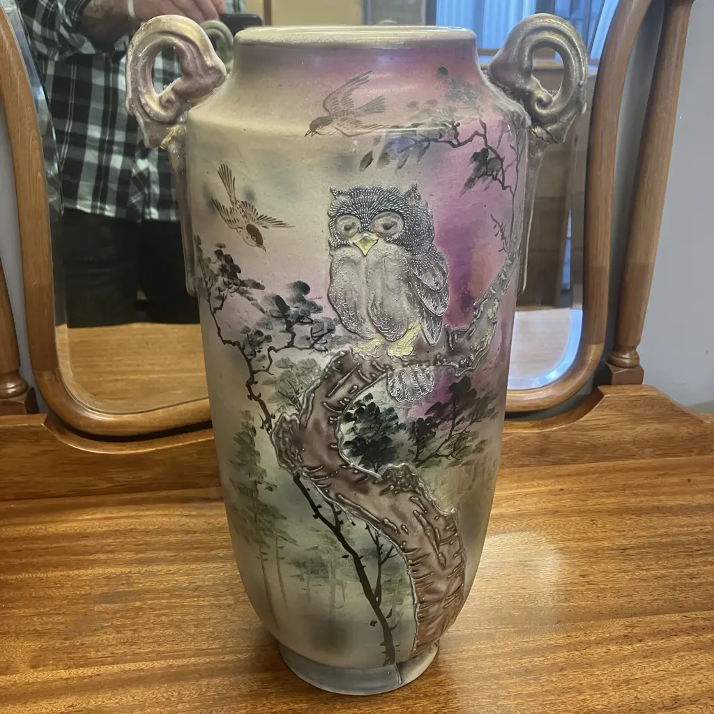 Rare Antique Nippon Moriage Owl Vase. H42cm (As Found) Image 1++