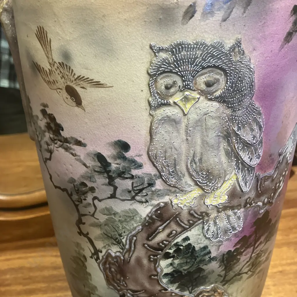 Rare Antique Nippon Moriage Owl Vase. H42cm (As Found) Image 1++