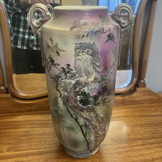 Rare Antique Nippon Moriage Owl Vase. H42cm (As Found)