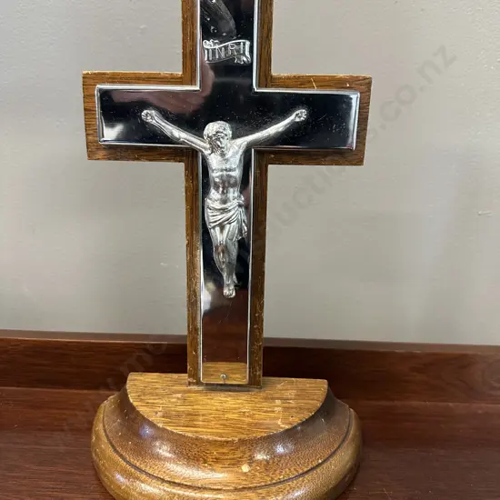 Vintage Art Deco Crucifix Chrome Metal Figure On Oak Stand. H31.5cm