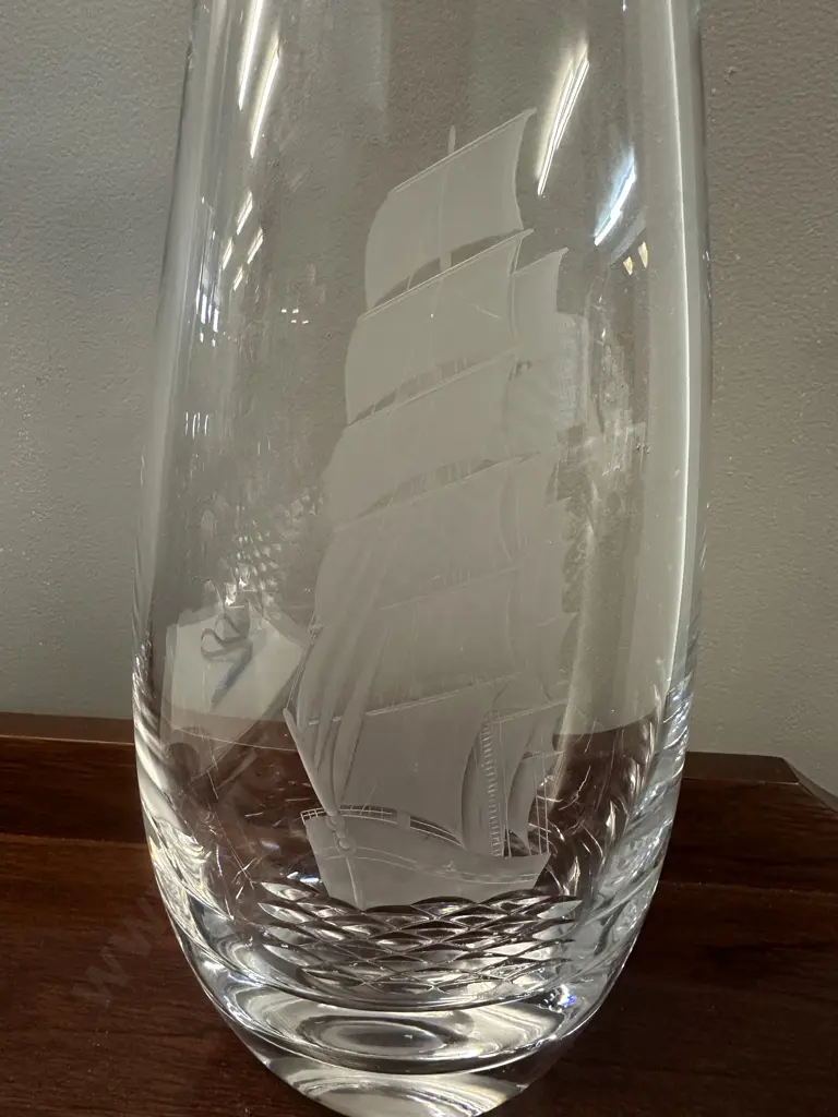 Kosta Boda Glass Vase Featuring Engraved Detail Of A Sailing Ship. H31cm Image 1++