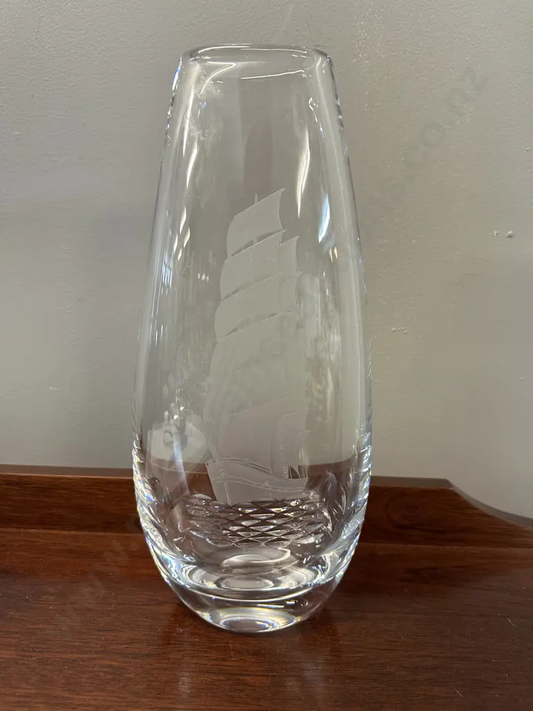 Kosta Boda Glass Vase Featuring Engraved Detail Of A Sailing Ship. H31cm Image 1++