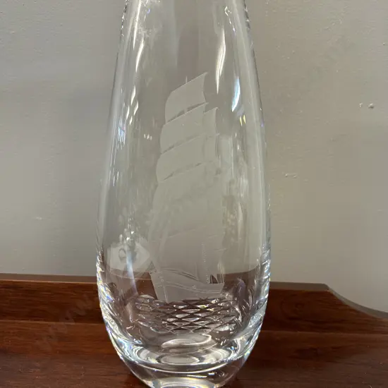 Kosta Boda Glass Vase Featuring Engraved Detail Of A Sailing Ship. H31cm