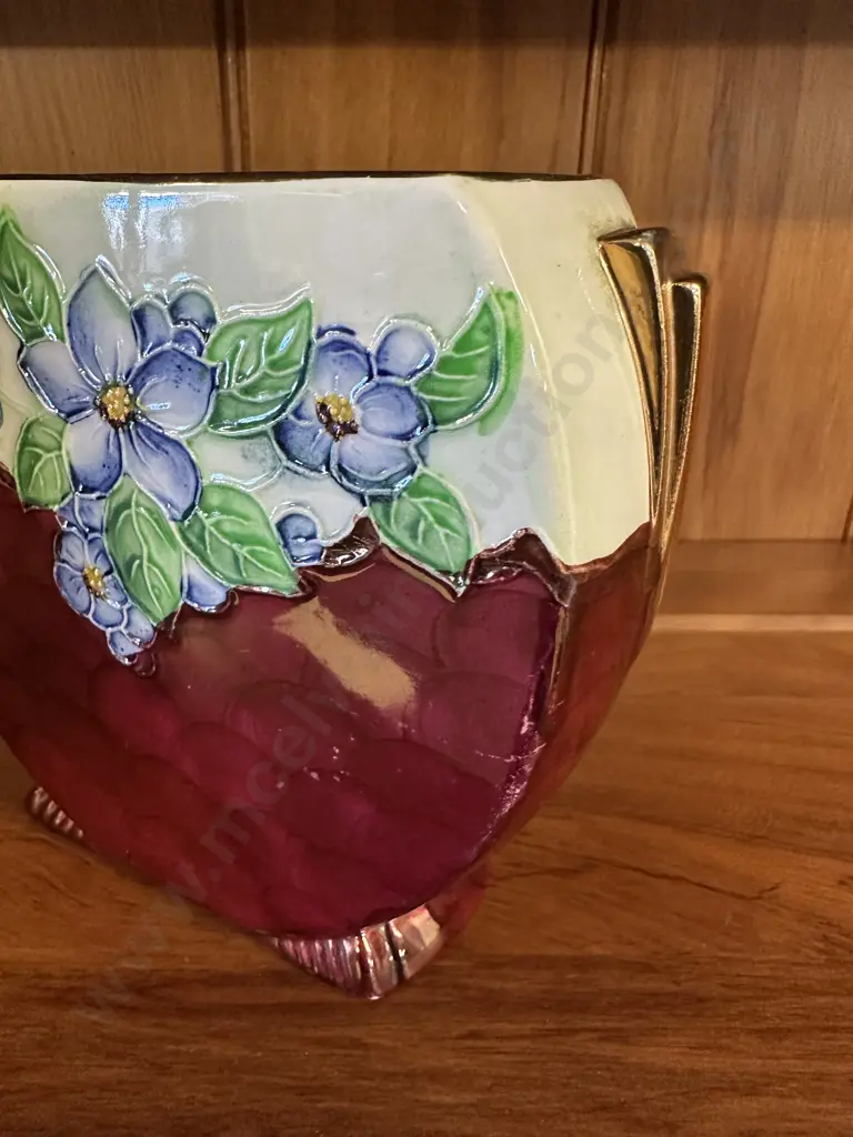 Art Deco Maling Vase Blue Floral Embossed Thumb Print #113 H14.5cm. Image 1++