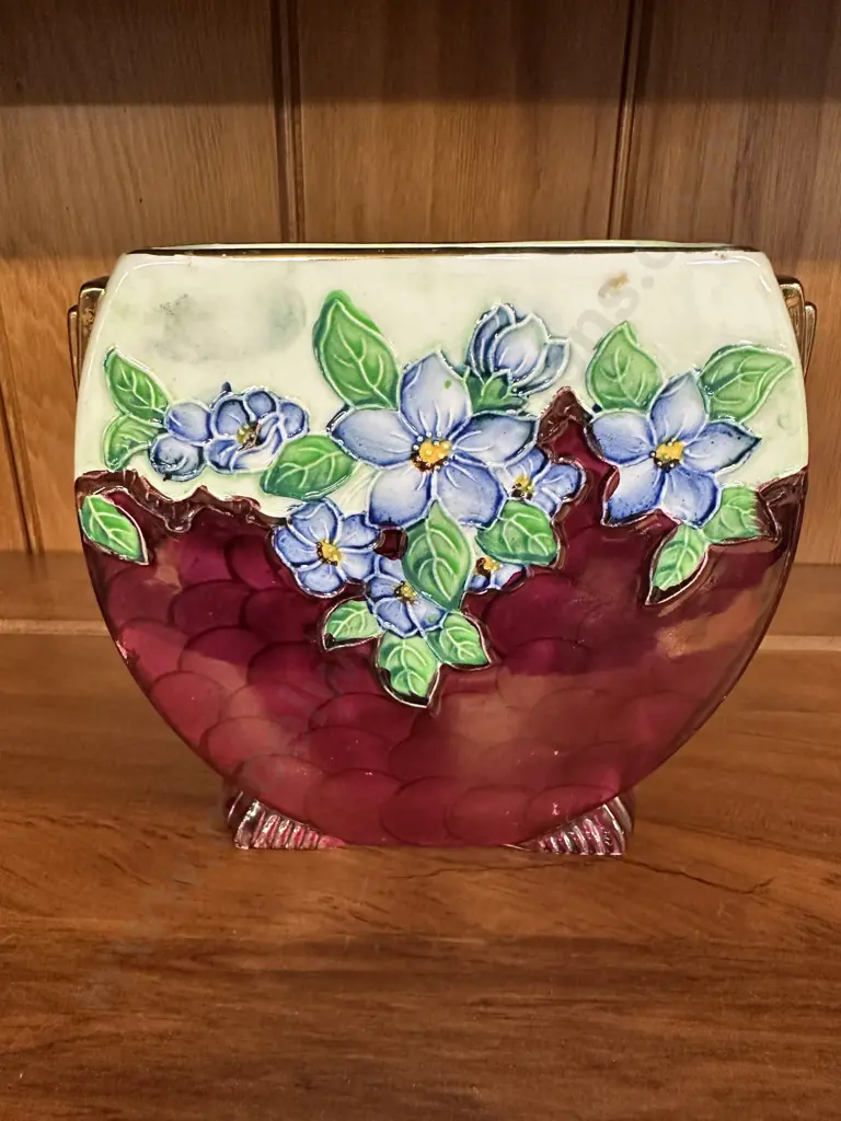 Art Deco Maling Vase Blue Floral Embossed Thumb Print #113 H14.5cm. Image 1++