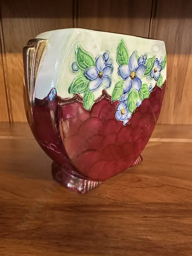 Art Deco Maling Vase Blue Floral Embossed Thumb Print #113 H14.5cm. Image 1++