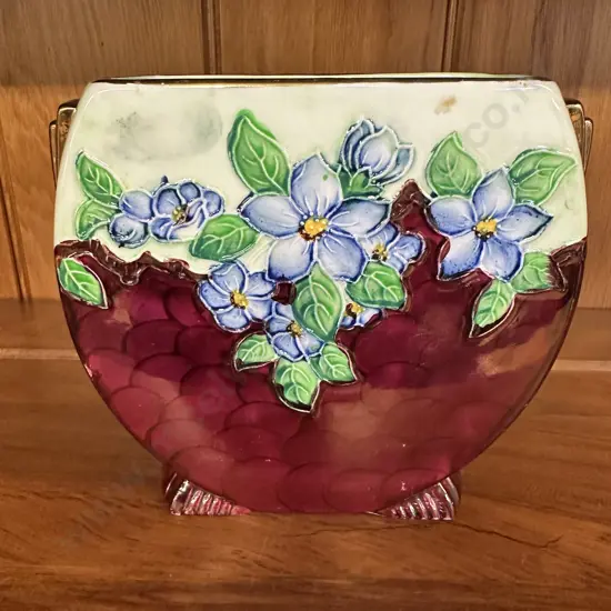 Art Deco Maling Vase Blue Floral Embossed Thumb Print #113 H14.5cm.