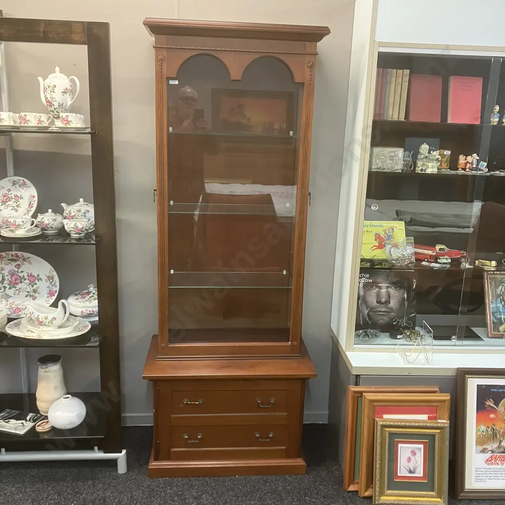 Mahogany Glazed Curio Cabinet, Opening Glass Side Doors, Door In Base, 3 Glass Shelves. H188 W73 D42cm Image 1++