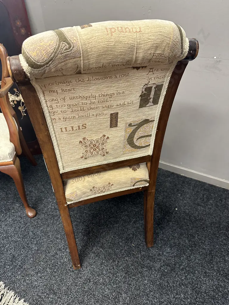 Antique Mahogany Button Back Chair Script Detailed Fabric With Castors On Front Image 1++