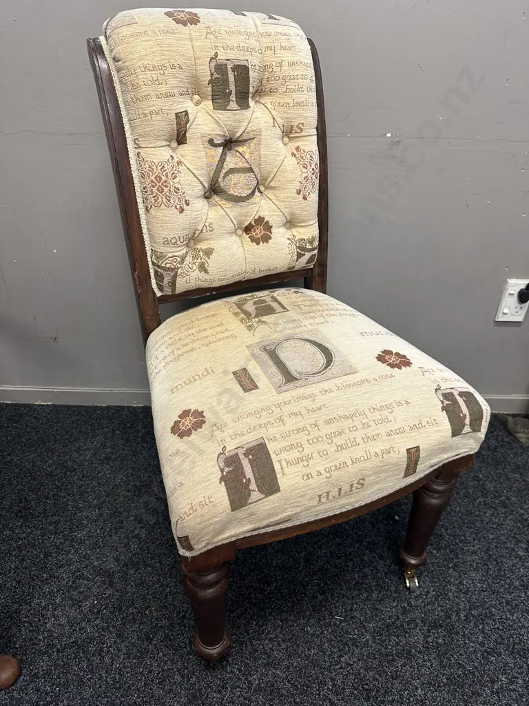 Antique Mahogany Button Back Chair Script Detailed Fabric With Castors On Front Image 1++