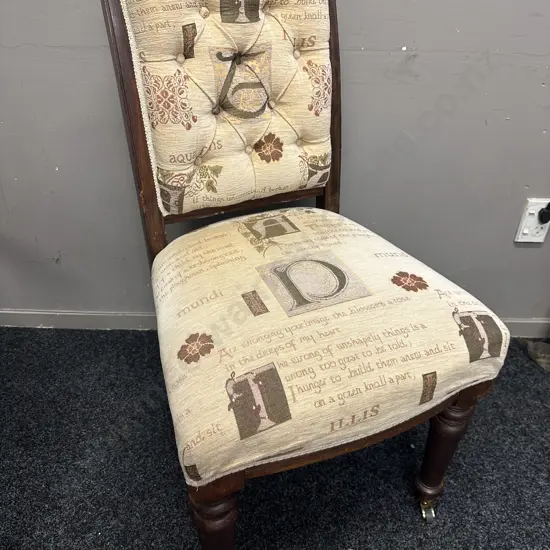 Antique Mahogany Button Back Chair Script Detailed Fabric With Castors On Front