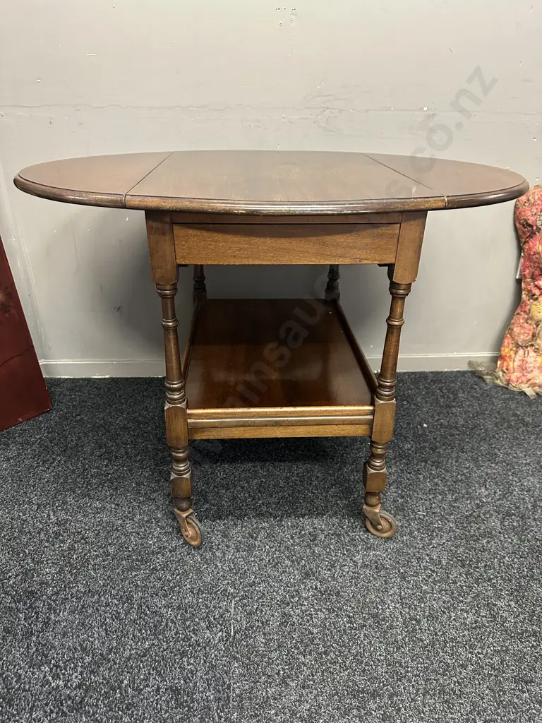 Mahogany Drop Leaf Tea Trolley Two Tier On Castors H67,L95,D70cm. Image 1++