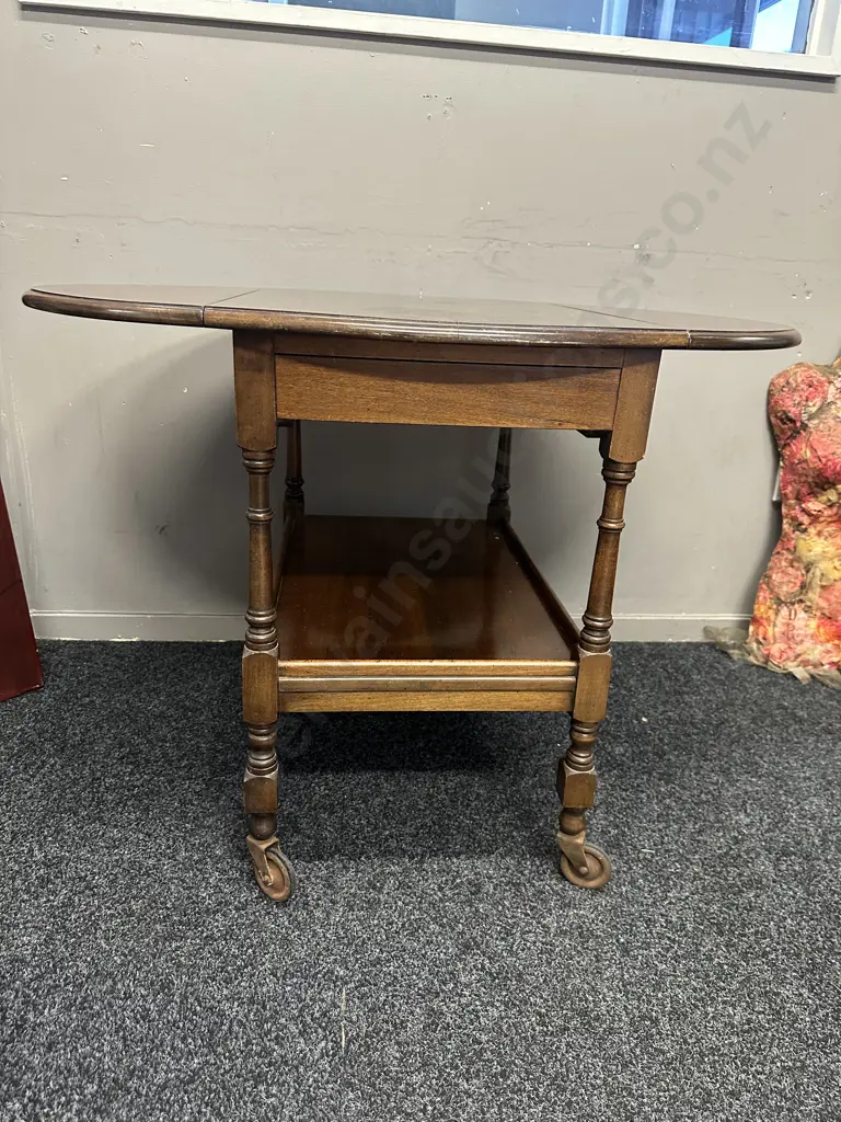 Mahogany Drop Leaf Tea Trolley Two Tier On Castors H67,L95,D70cm. Image 1++