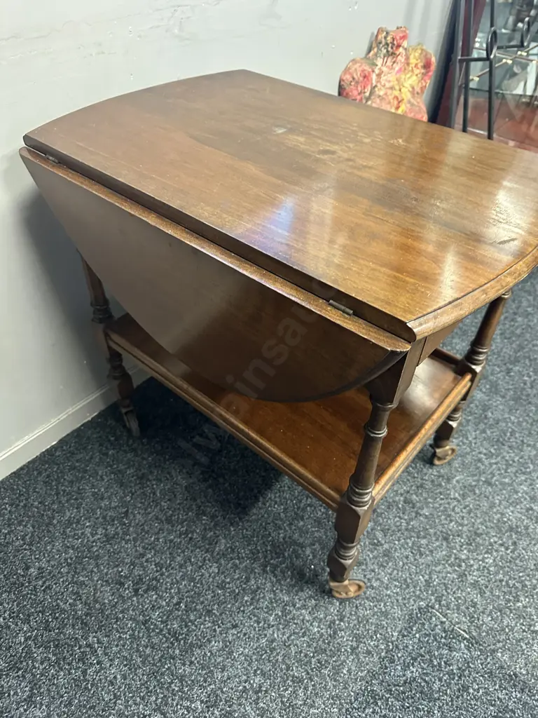 Mahogany Drop Leaf Tea Trolley Two Tier On Castors H67,L95,D70cm. Image 1++