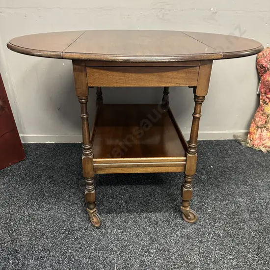 Mahogany Drop Leaf Tea Trolley Two Tier On Castors H67,L95,D70cm.