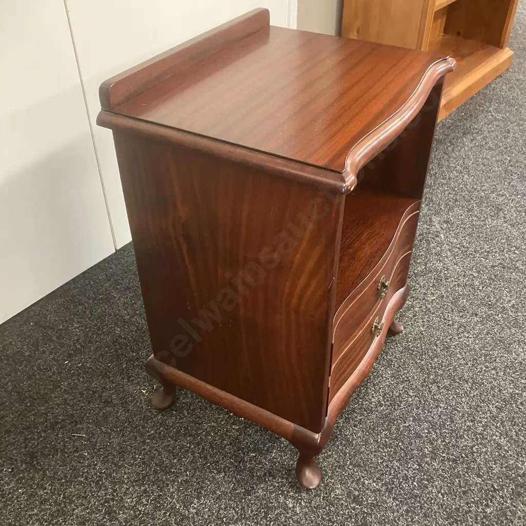 Mahogany Bedside Cabinet, 2 Drawer With Shelf, Cabriole Legs. H70 W48 D38cm Image 1++