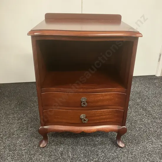 Mahogany Bedside Cabinet, 2 Drawer With Shelf, Cabriole Legs. H70 W48 D38cm