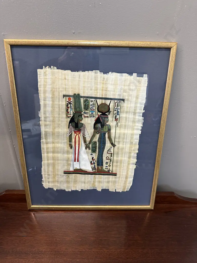 Gilt Framed Egyptian Art On Papyrus Paper Signed Image 1++