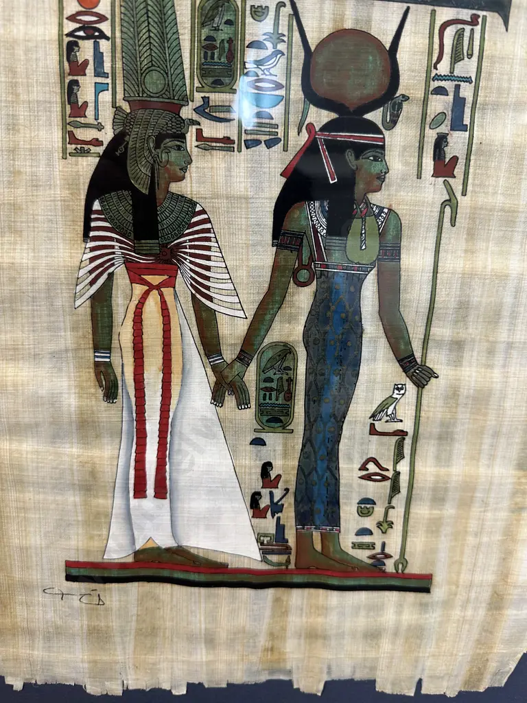 Gilt Framed Egyptian Art On Papyrus Paper Signed Image 1++