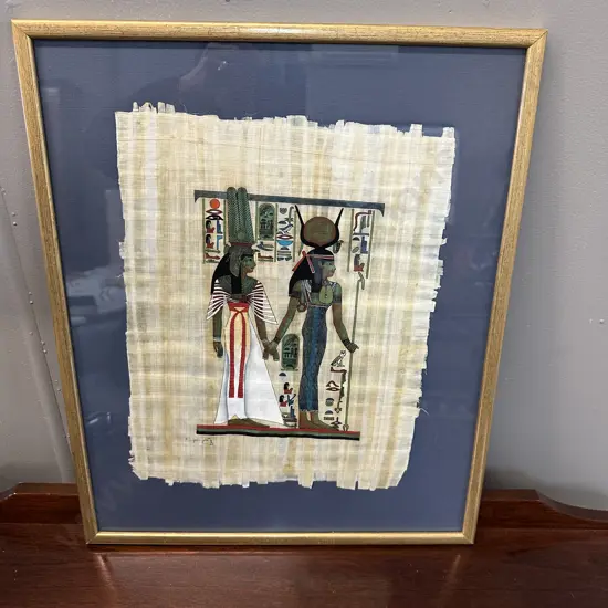 Gilt Framed Egyptian Art On Papyrus Paper Signed