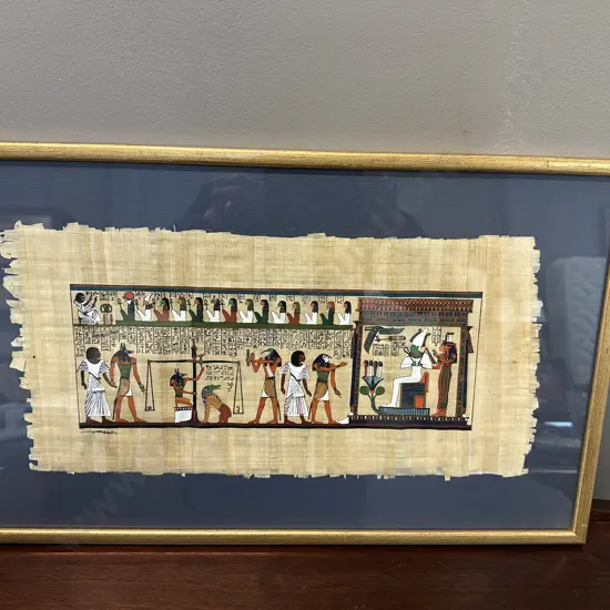 Gilt Framed Egyptian Art On Papyrus Paper Signed H35,W55cm.