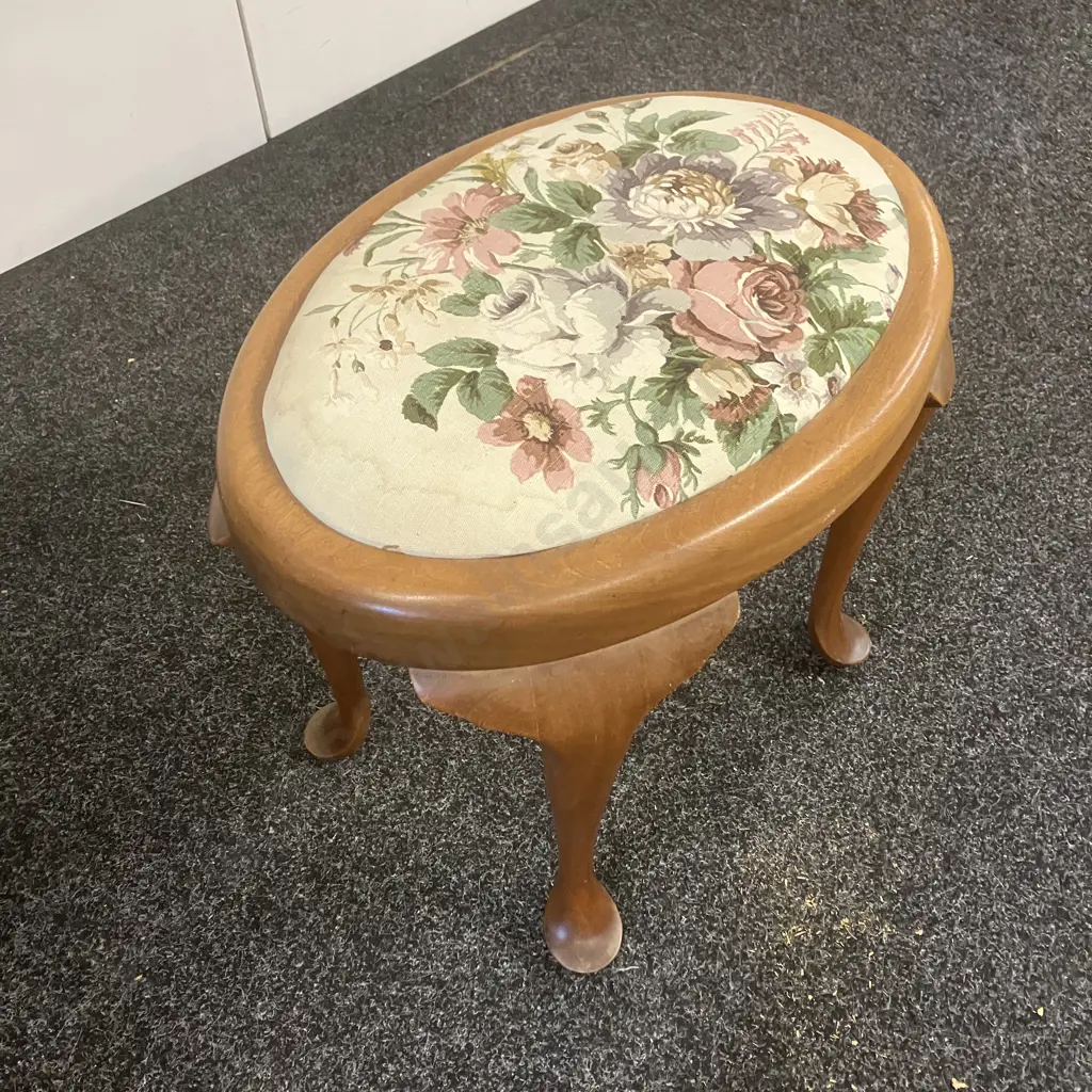 Oval Footstool With Floral Fabric Seat & Cabriole Legs. H44 W50 D35cm Image 1++