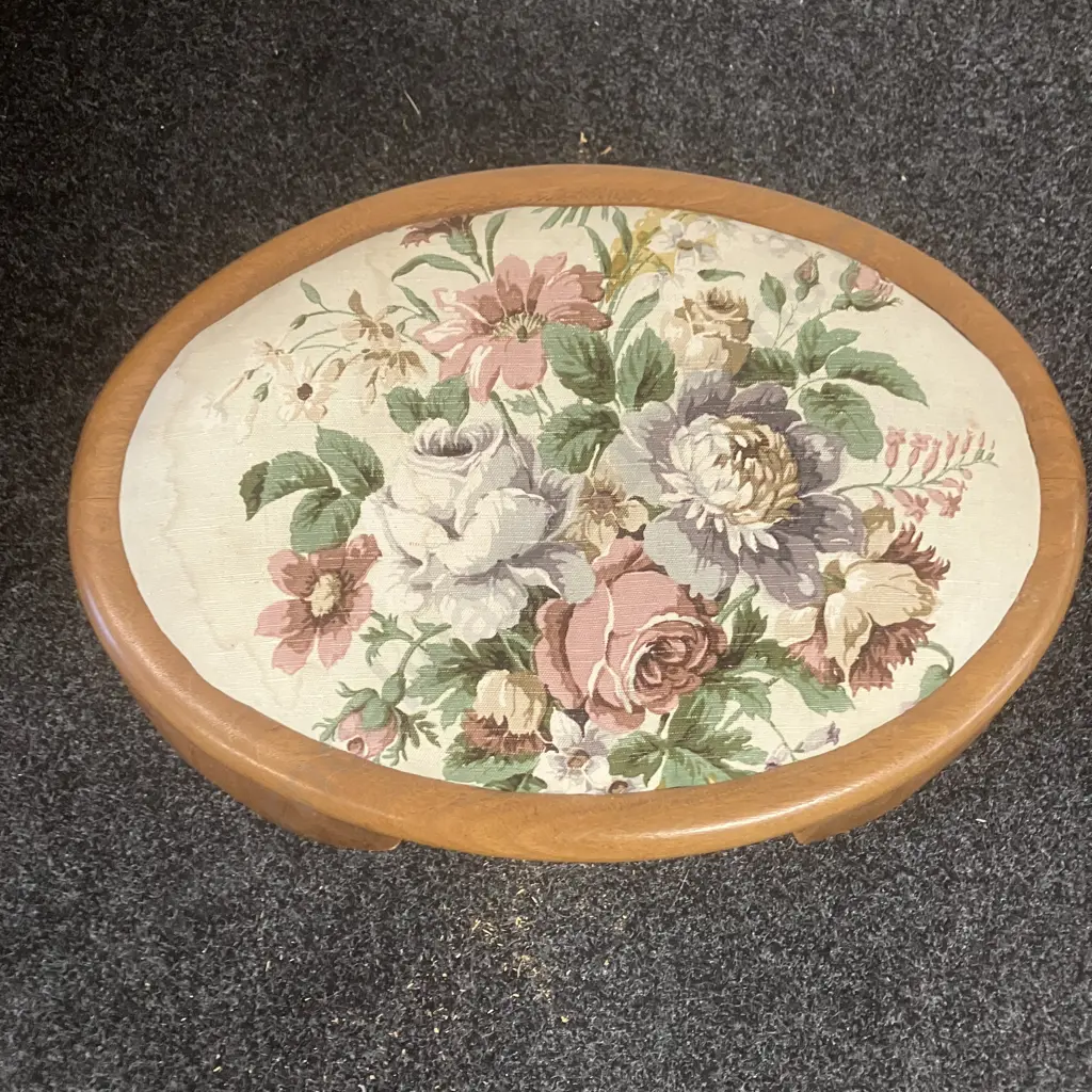 Oval Footstool With Floral Fabric Seat & Cabriole Legs. H44 W50 D35cm Image 1++
