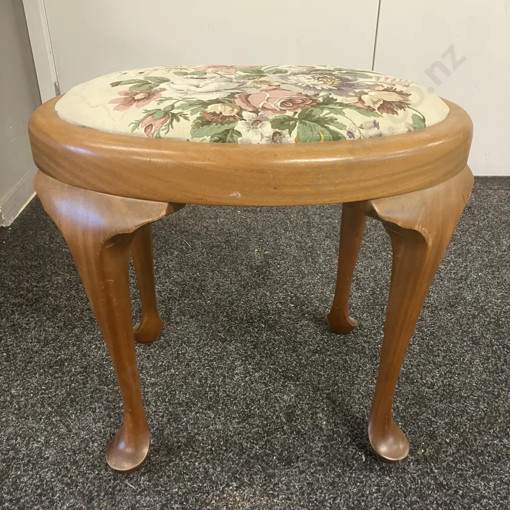 Oval Footstool With Floral Fabric Seat & Cabriole Legs. H44 W50 D35cm Image 1++