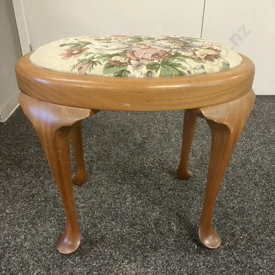 Oval Footstool With Floral Fabric Seat & Cabriole Legs. H44 W50 D35cm