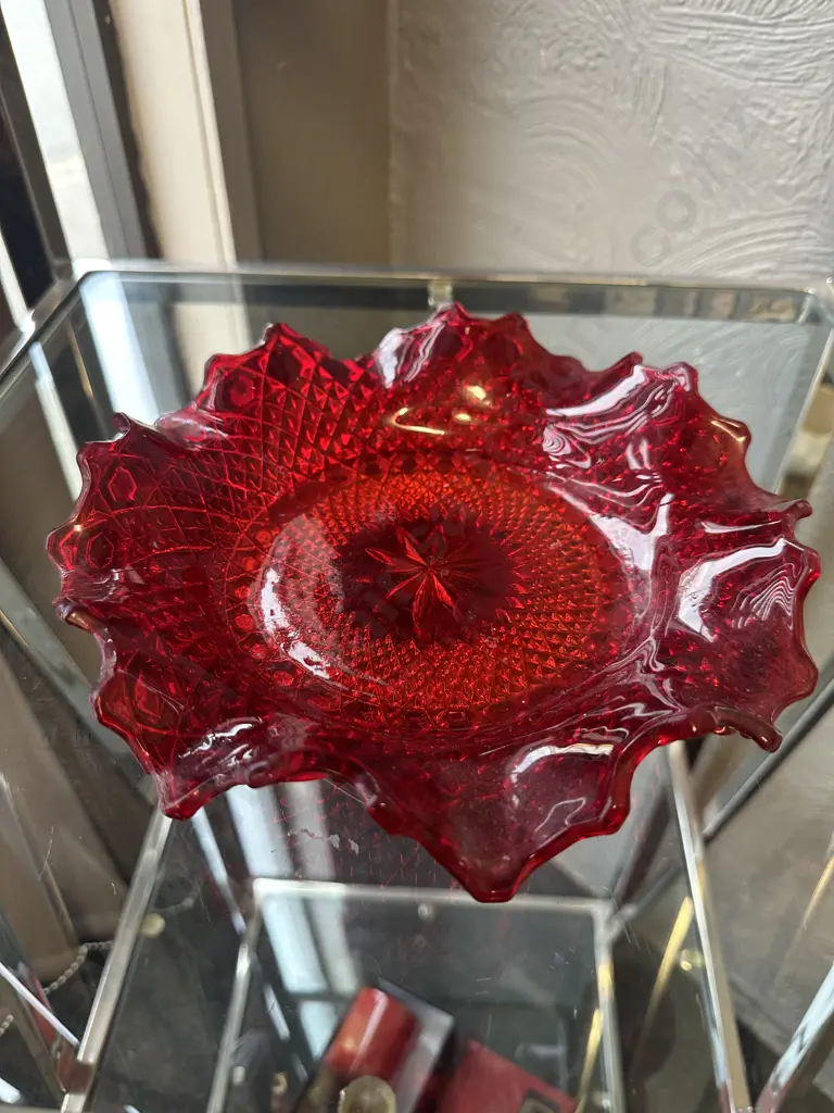 Vintage Fenton Ruby Red Hobnail Ruffled Bowl H5,Dia23cm. Image 1++