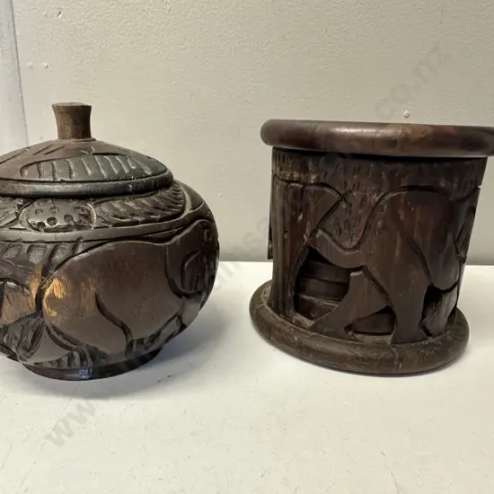 Vintage Carved Wooden Ware Items Including Coasters & Lidded Bowl