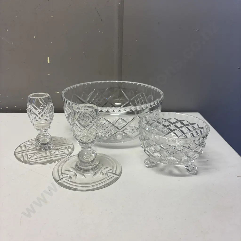 Crystal Bowl, footed sweet dish and pair of Candle sticks Image 1++