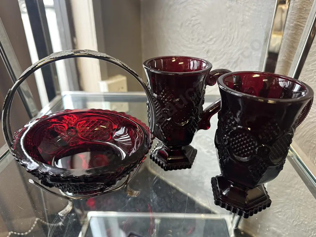 Avon Cape Cod Ruby Red Glass Pedestal Mugs & Sugar Bowl Image 1++