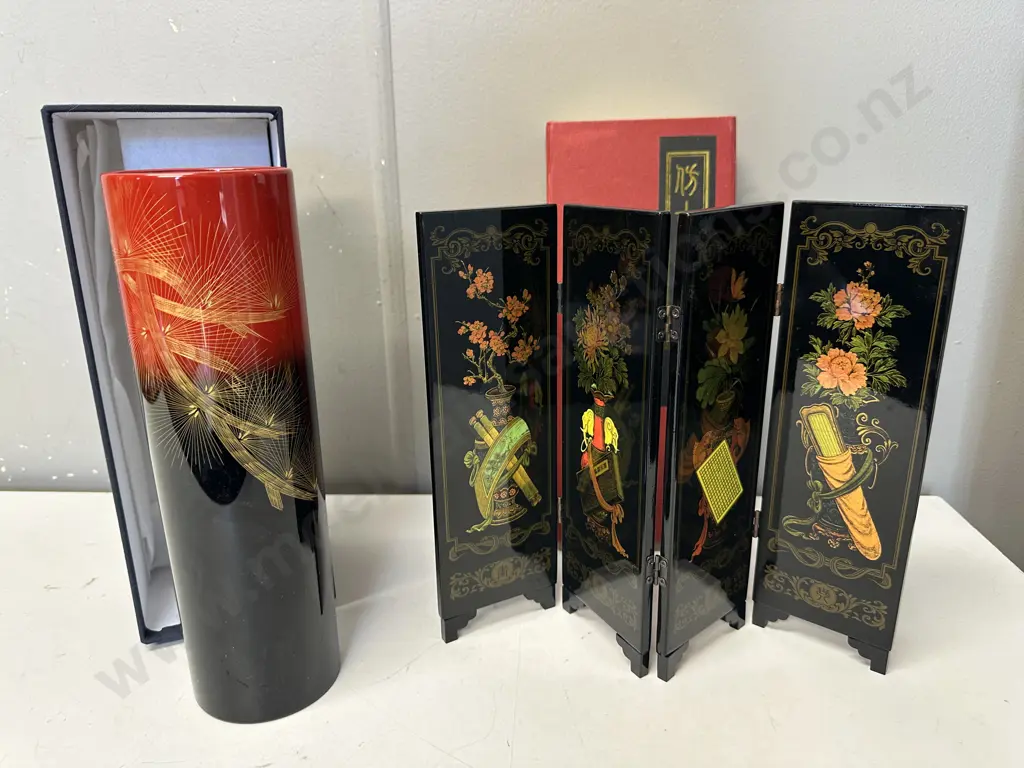 Urushi Japanese Lacquer Ware Vase & Chinese Classical Art Small Screen Image 1++