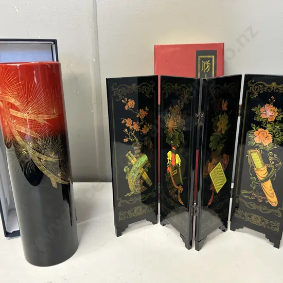 Urushi Japanese Lacquer Ware Vase & Chinese Classical Art Small Screen