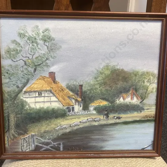Vintage Oil Painting On Board English Country Scene, Signed Bottom Center. 32 x 37cm