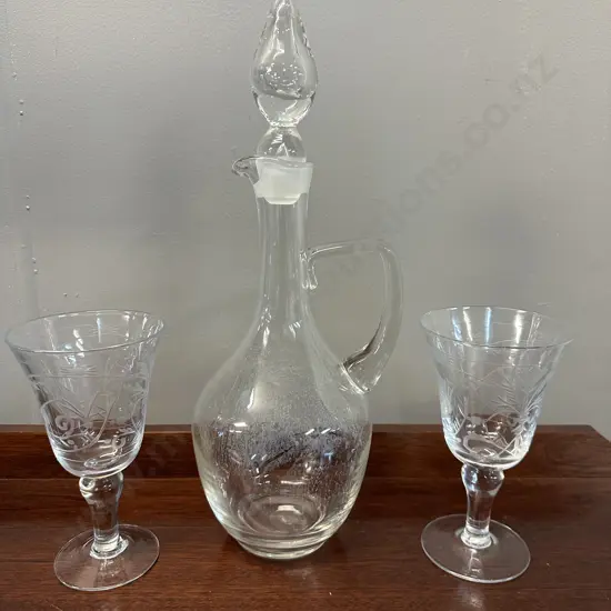 Vintage Claret Jug & Pair Of Etched Wine Glasses