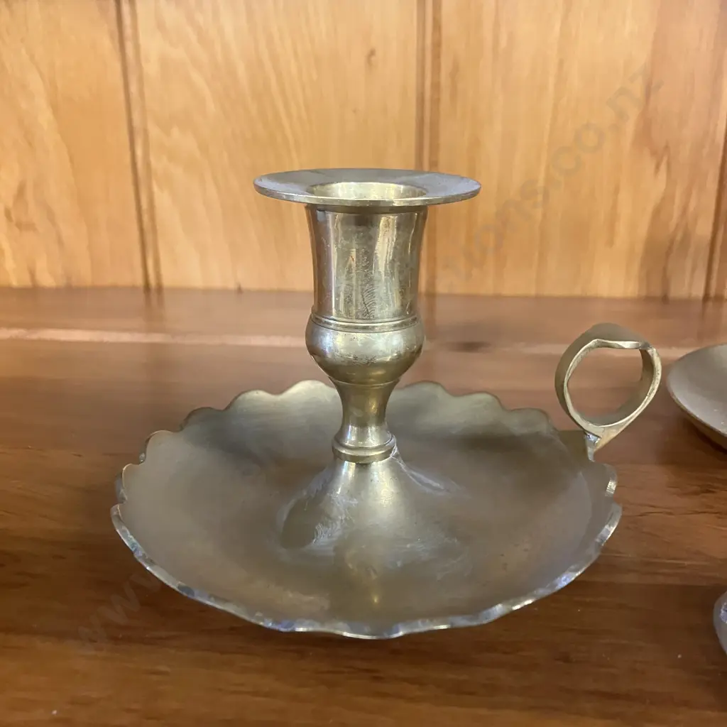 Pair of Brass Candlesticks & Brass Slipper Ashtrays Image 1++