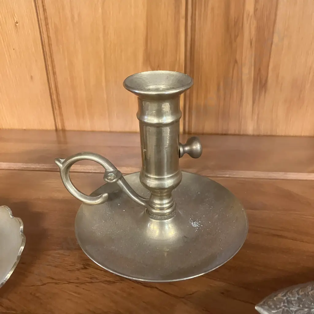 Pair of Brass Candlesticks & Brass Slipper Ashtrays Image 1++