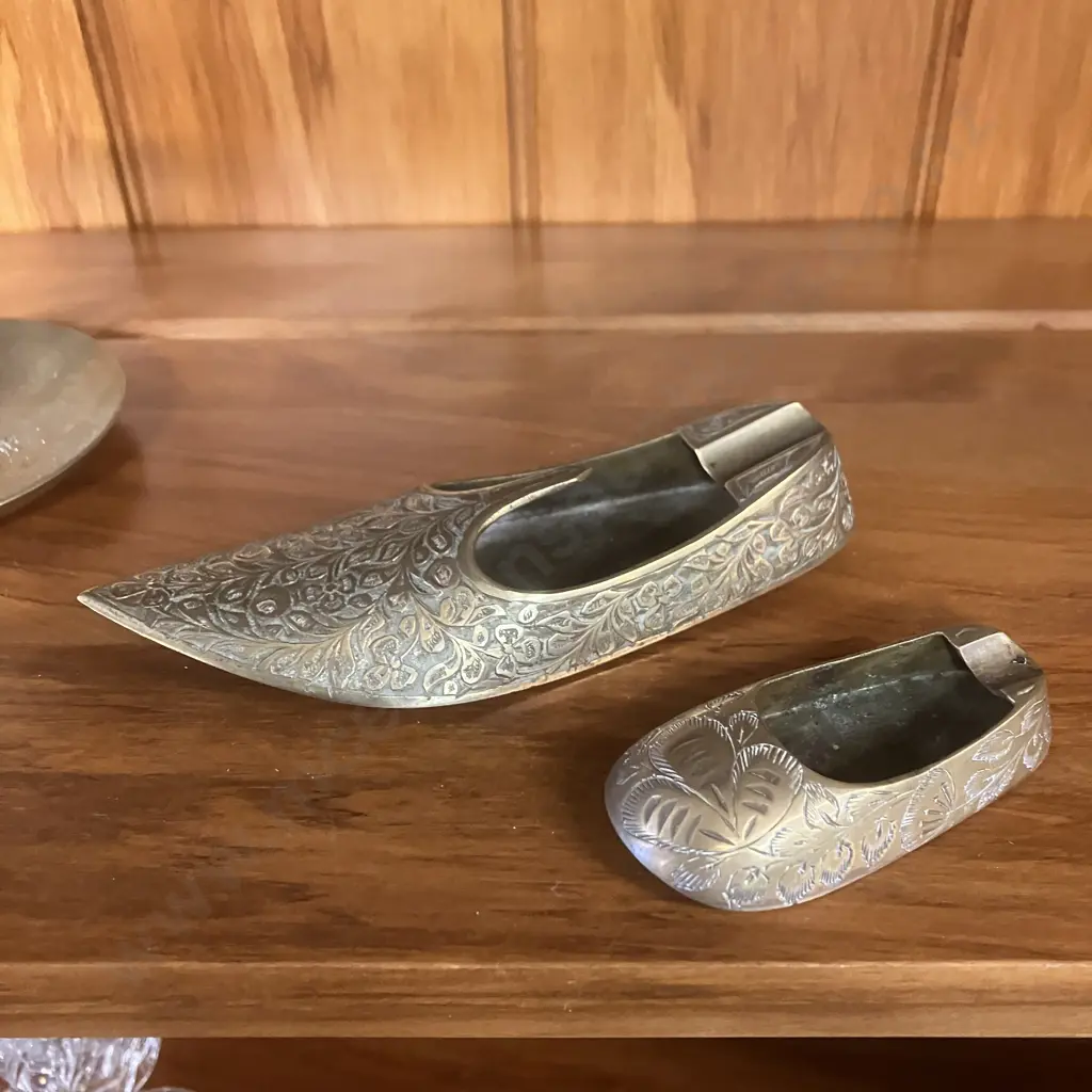 Pair of Brass Candlesticks & Brass Slipper Ashtrays Image 1++