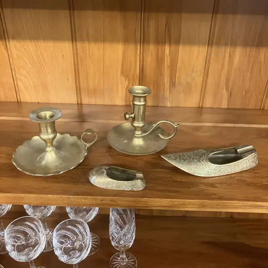 Pair of Brass Candlesticks & Brass Slipper Ashtrays