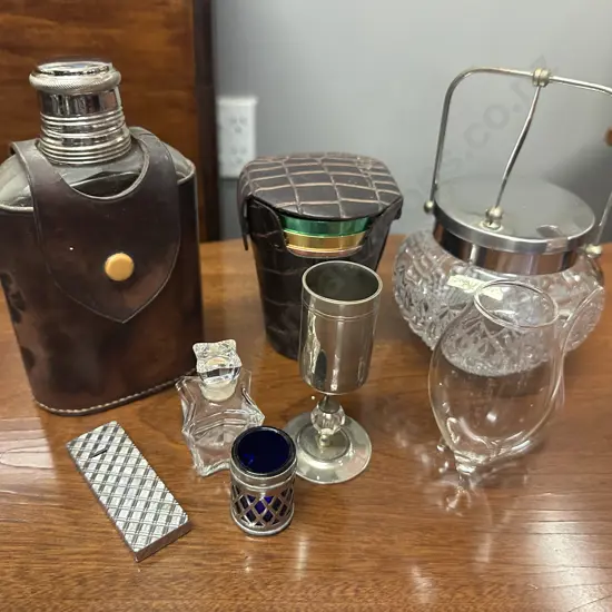 Vintage Items Including Hip Flask, Sugar Bowl, Perfume Bottle Etc